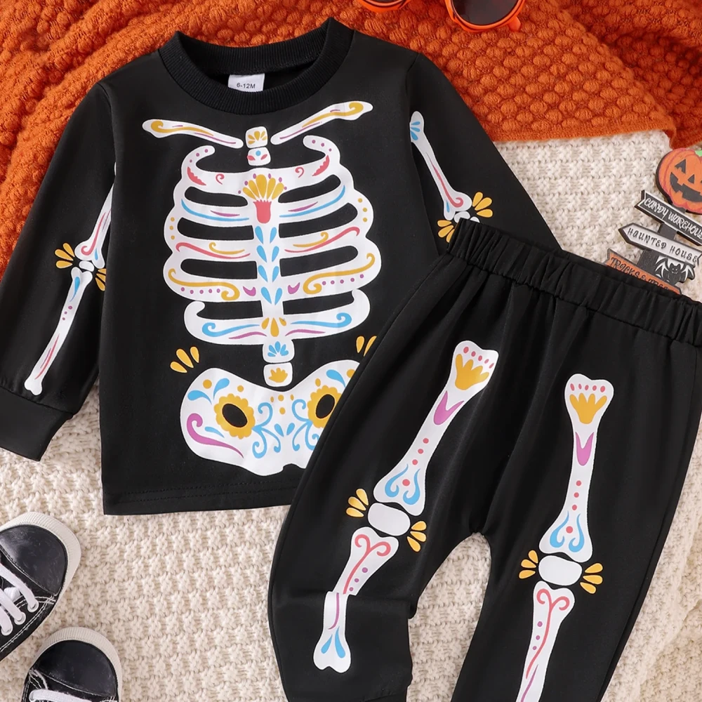 Baby Halloween Skeleton Print Outfit Set - Toddler Day of the Dead Top & Pants