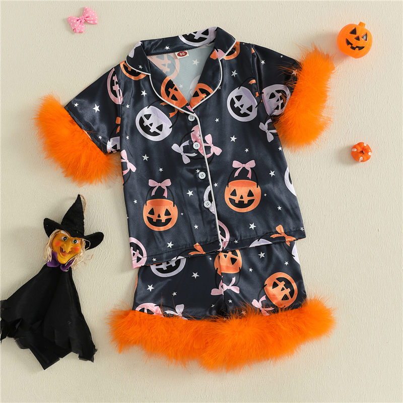 Adorable Pumpkin Print Baby Girl Halloween Pajamas Set - Image 2