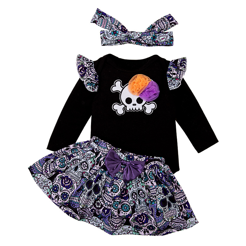 Baby Girl Halloween Puff Sleeve Bodysuit with Skull Skirt and Bow Headband - Image 5