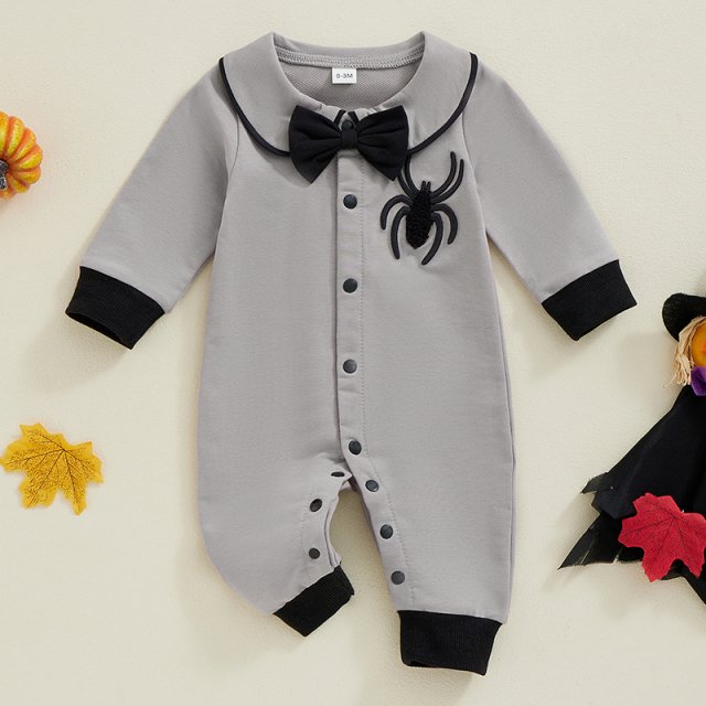 Baby Boy Halloween Romper with Spider Embroidery and Bow Tie