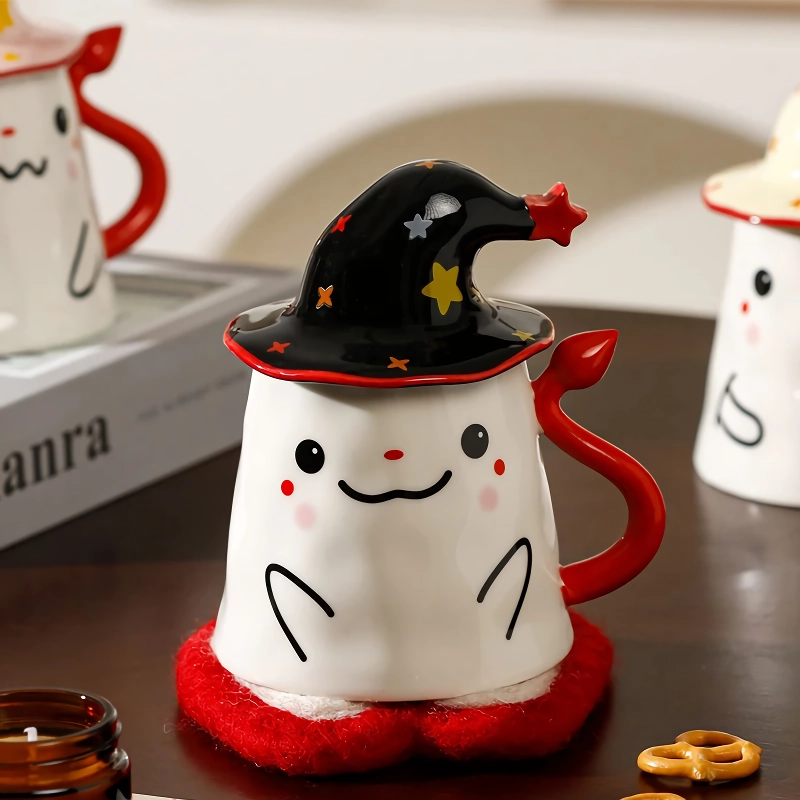 Halloween Ceramic Ghost Mug with Lid - Cute Ghost Magic Hat Coffee Cup - Image 5