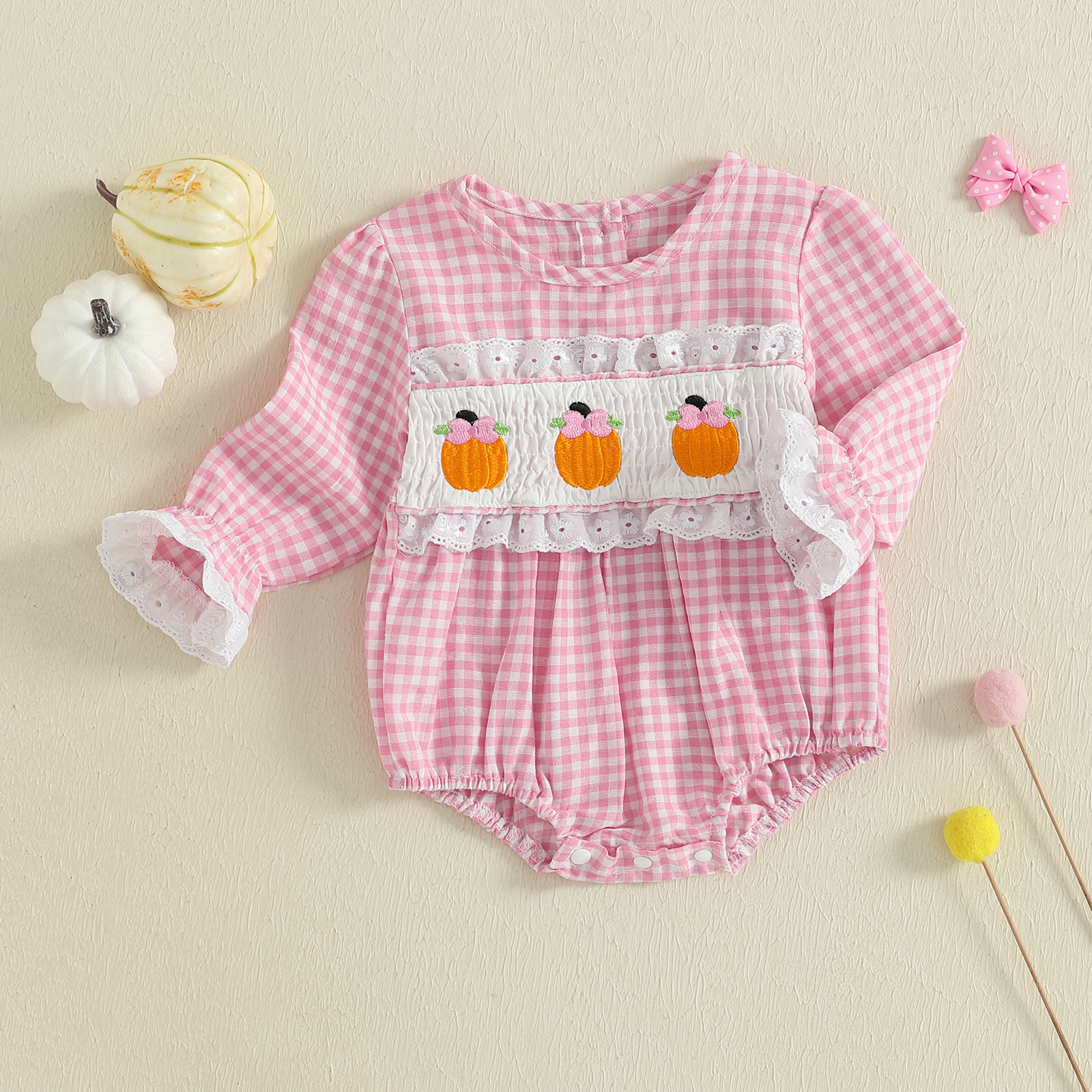 Baby Girl Halloween Plaid Romper – Long Sleeve Smocked Bodysuit for Fall