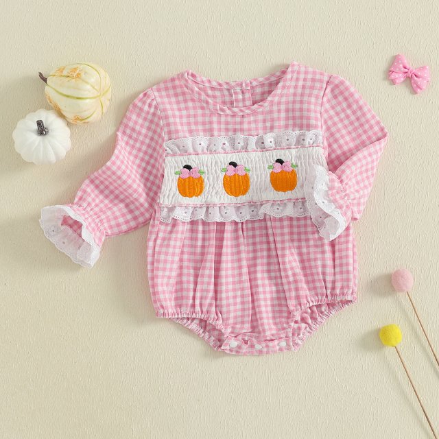 Baby Girl Halloween Plaid Romper – Long Sleeve Smocked Bodysuit for Fall