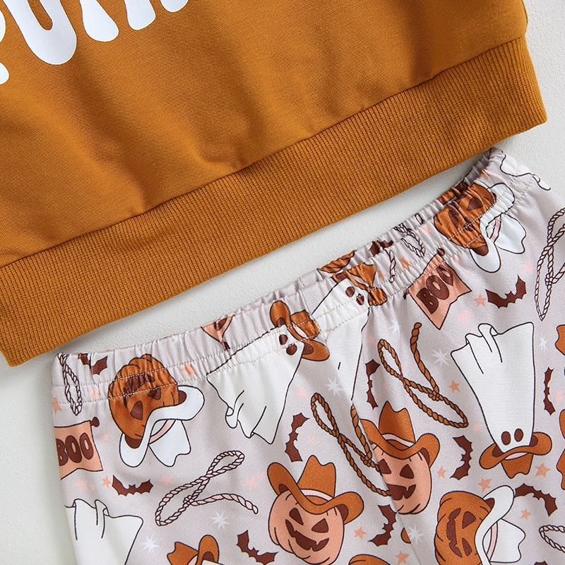 Toddler Girl Halloween Outfit Long Sleeve Top and Pumpkin Ghost Flare Pants Set - Image 5