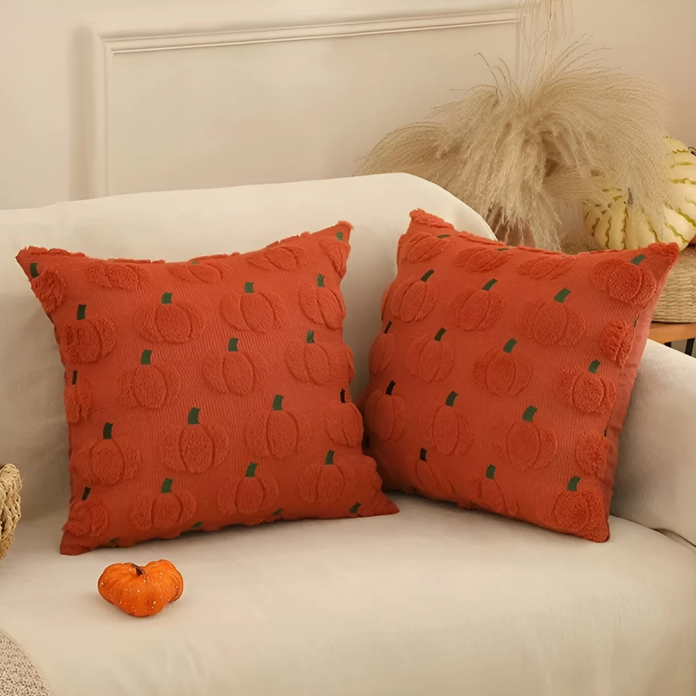 Autumn Pumpkin Embroidered Plush Cushion Covers Set of 2 – 18x18 Inch - Image 3