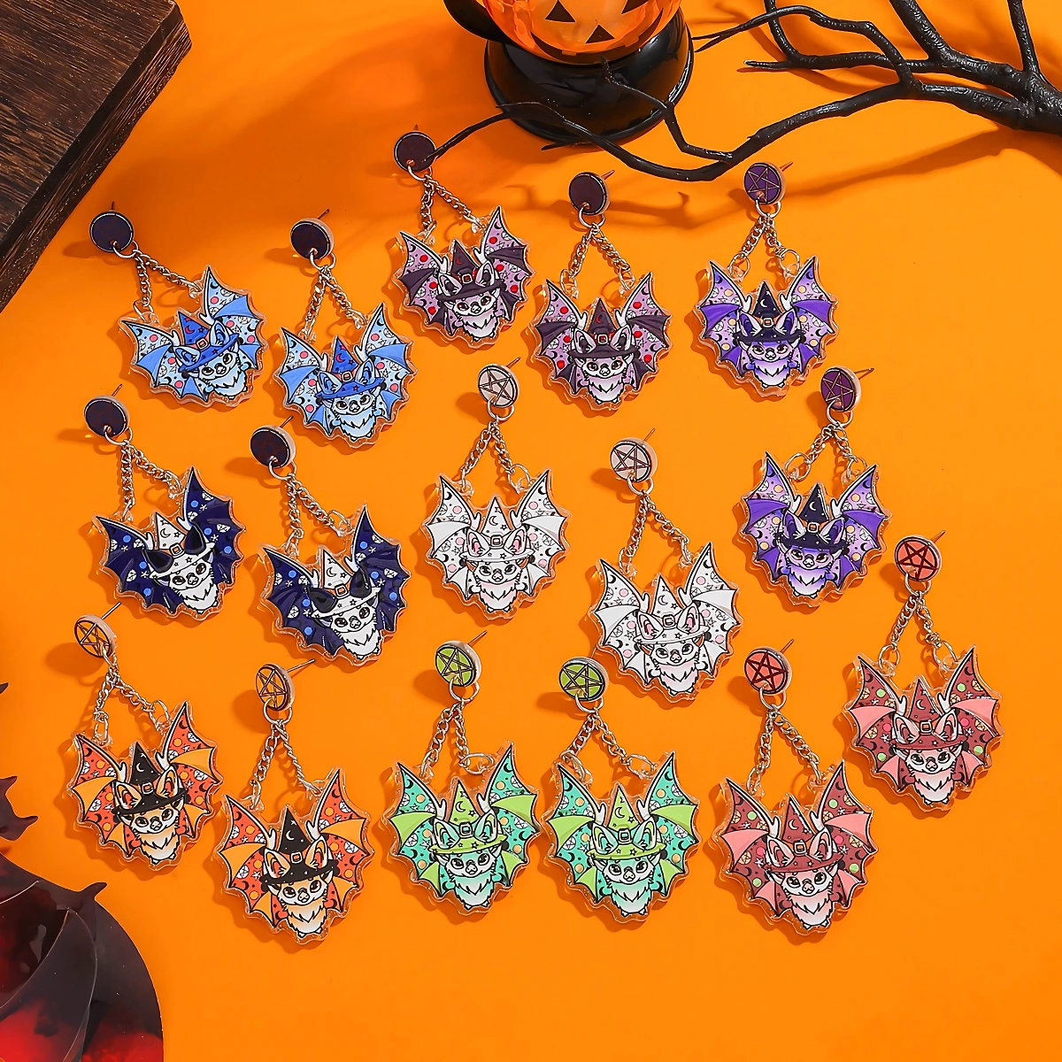 Colorful Halloween Bat Drop Earrings for Women – Fun Acrylic Holiday Jewelry