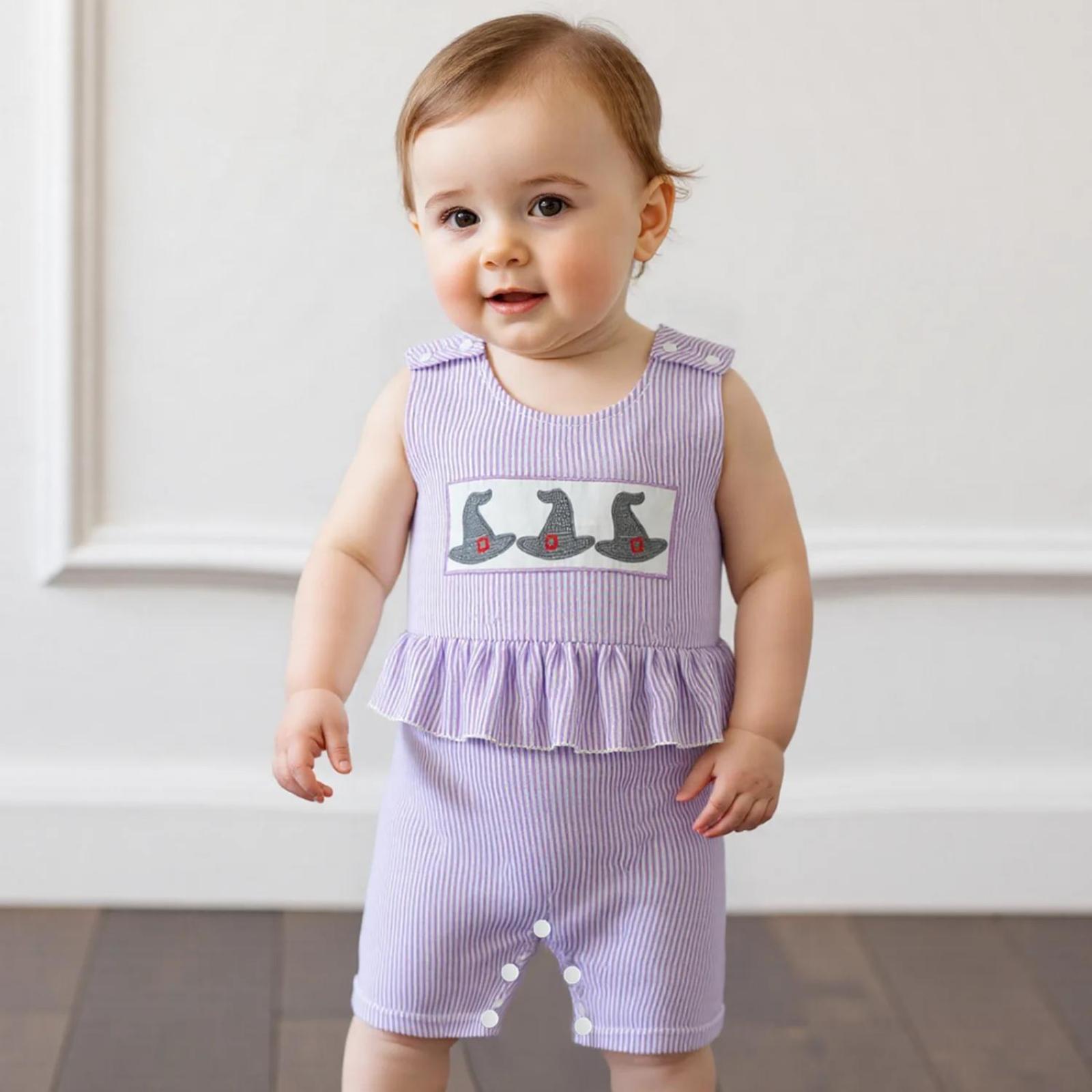 Baby Girl Halloween Witch Hat Embroidered Striped Jumpsuit Romper - Image 3