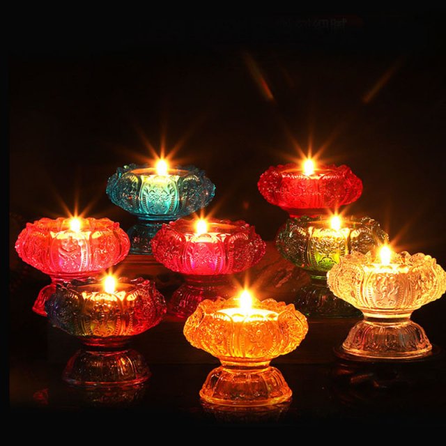 Glass Tealight Candle Holder with Tibetan 8 Lucky Symbols