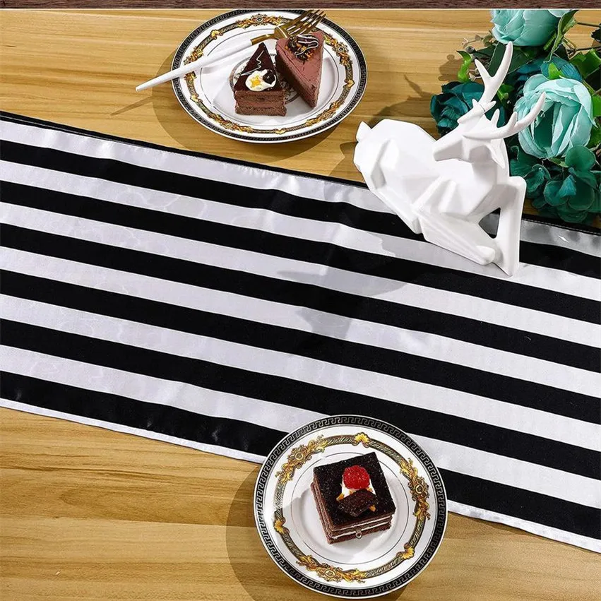 Elegant Black and White Striped Polyester Table Runner for Parties & Events - Image 2