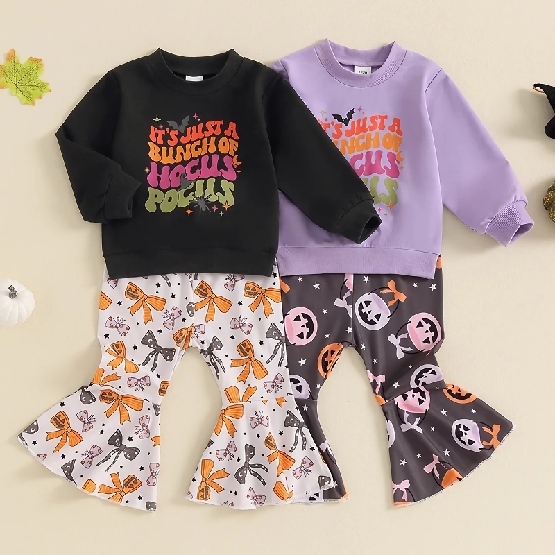Toddler Baby Girls Halloween Letter Print Sweatshirt & Pumpkin Flare Pants Set