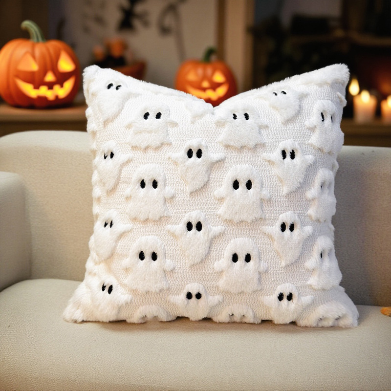 2 Piece Halloween Ghost Embroidery Cushion Covers 18x18 - Plush Black & White - Image 2