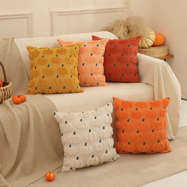 Autumn Pumpkin Embroidered Plush Cushion Covers Set of 2 – 18x18 Inch