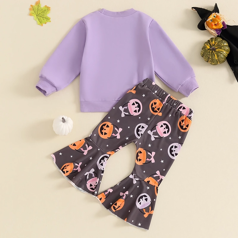 Toddler Baby Girls Halloween Letter Print Sweatshirt & Pumpkin Flare Pants Set - Image 3
