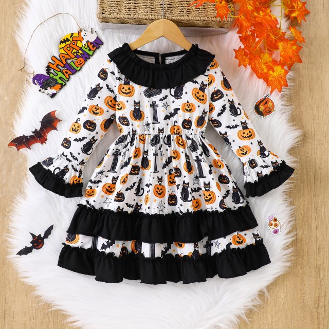 Toddler Girl Halloween A-Line Dress with Pumpkin & Black Cat Print