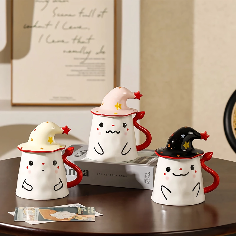 Halloween Ceramic Ghost Mug with Lid - Cute Ghost Magic Hat Coffee Cup