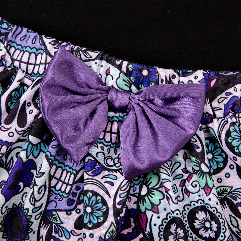 Baby Girl Halloween Puff Sleeve Bodysuit with Skull Skirt and Bow Headband - Image 4