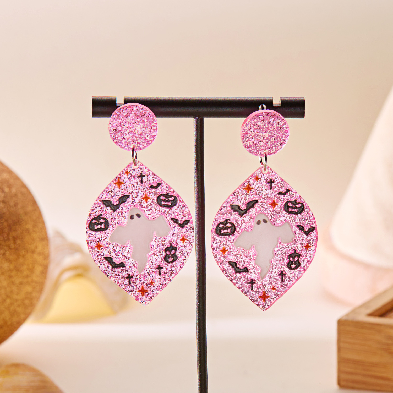 Halloween Pumpkin Bat Acrylic Dangle Earrings - Image 4