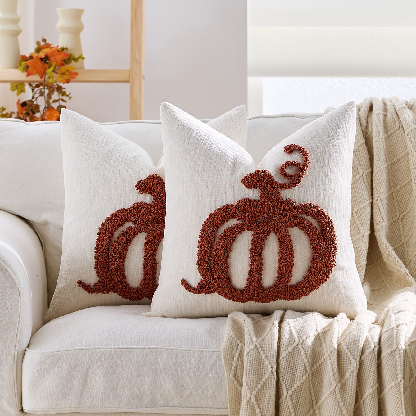 Pumpkin Tufted Chenille Throw Pillow Cover 18x18” – Autumn Harvest Cushion - Image 2