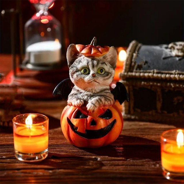Cute Halloween Cat Pumpkin Resin Statue Decorative Ornament