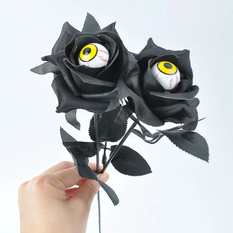 Halloween Black Rose with Eyeball – Scary Silk Flower Decor (5pcs) - Image 5