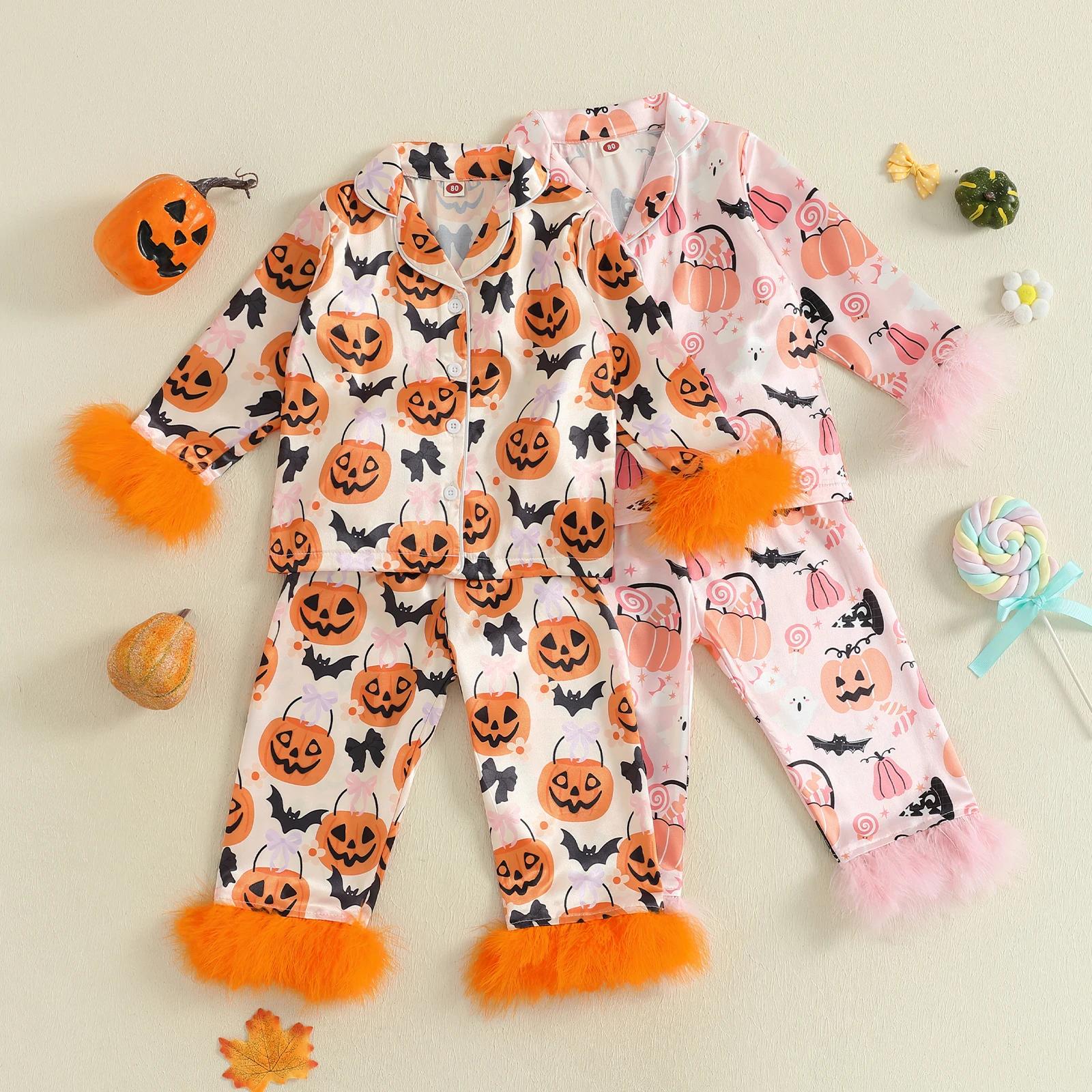 Girls Halloween Pajamas Set Pumpkin Print Feather Cuffs Button Up Shirt and Pants - Image 2
