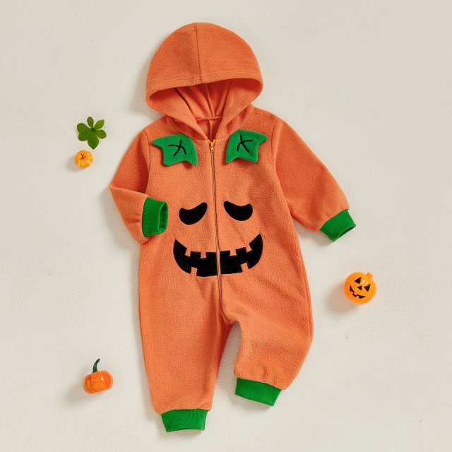 Unisex Pumpkin Romper Baby Halloween Costume – Cute Long Sleeve Hooded Jumpsuit