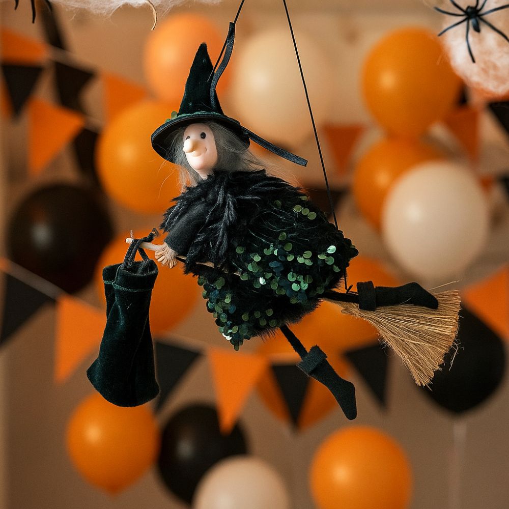 Hanging Witch Ornament with Broomstick for Halloween Decor - Image 2