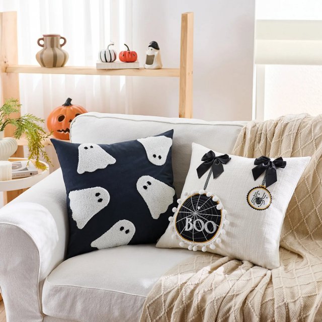 Halloween Embroidered Cushion Cover 18x18 – Pumpkin & Ghost Design