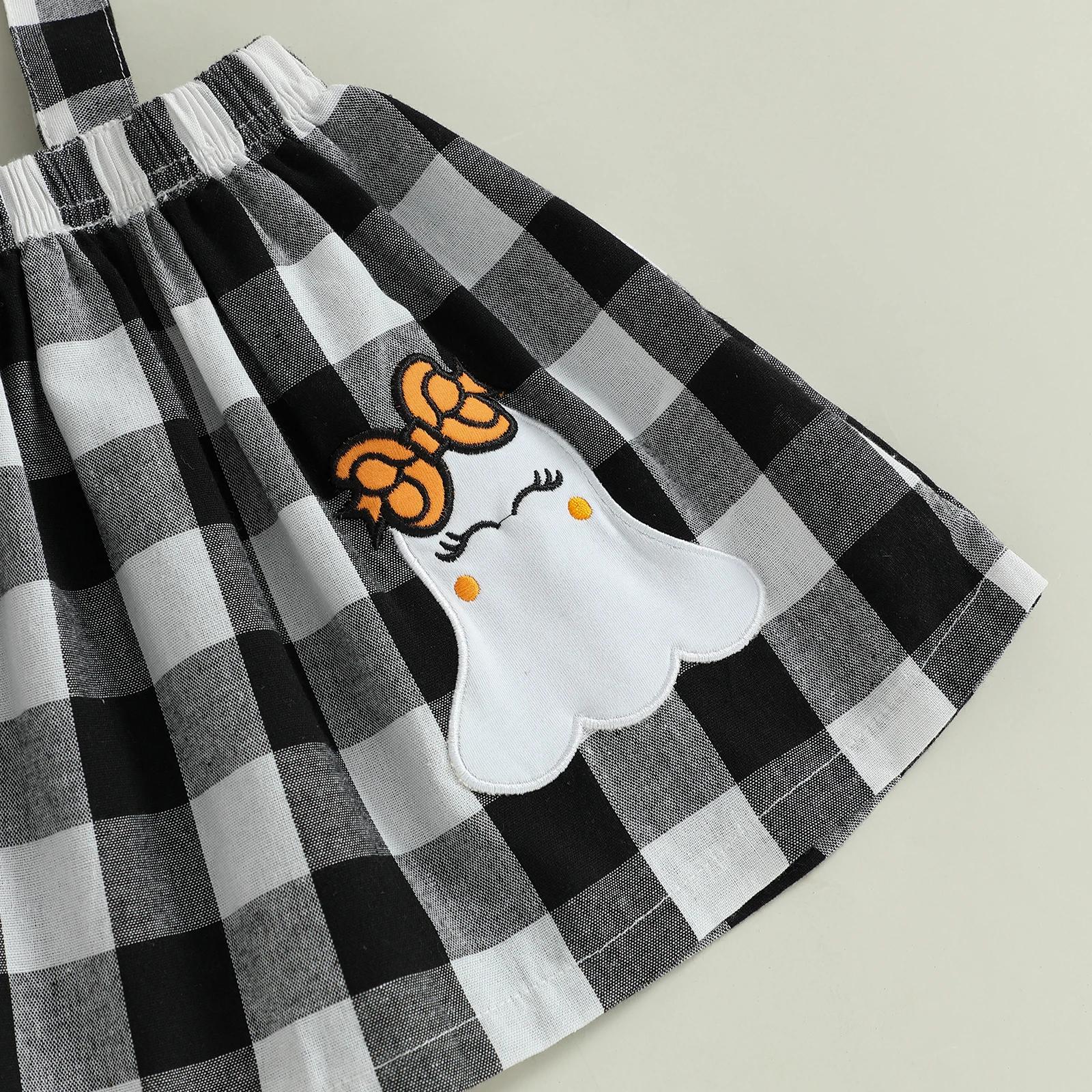 Toddler Baby Girl Halloween Outfit Long Sleeve Top & Ghost Plaid Suspender Skirt - Image 6