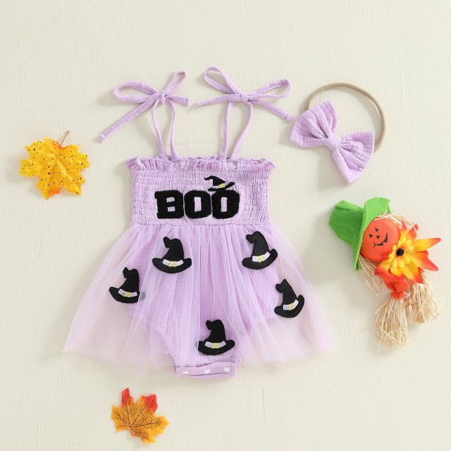 Infant Baby Girl Halloween Romper with Bow Headband