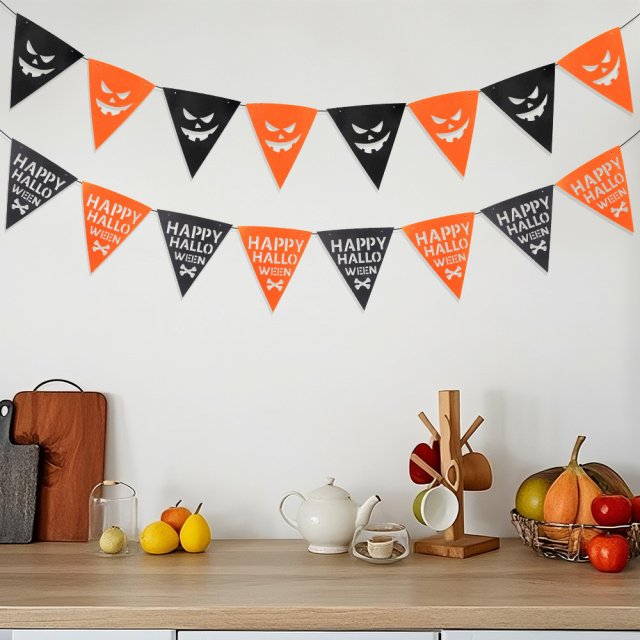 Halloween Skull & Spider Banner - Black & Orange Party Bunting