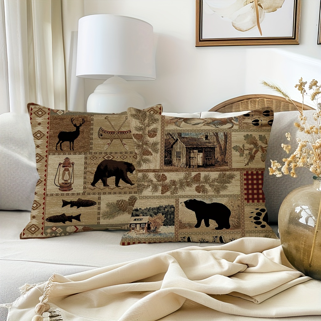 Rustic Bear & Elk Linen Blend Throw Pillow Cover 18x18 with Zip Closure - Image 4