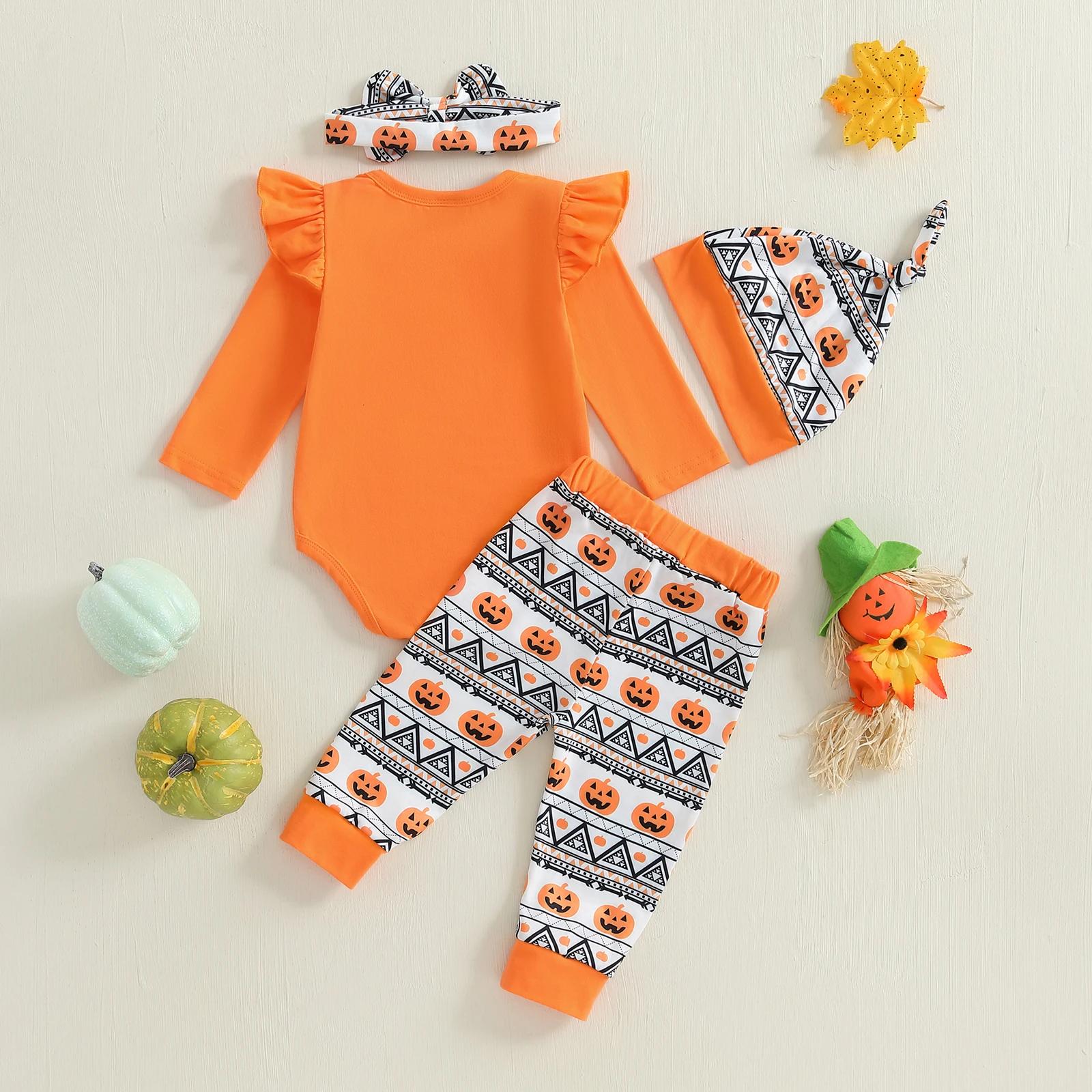 Baby Girl Halloween Outfit 4PCS Romper Pants Hat Headband Set - Image 3