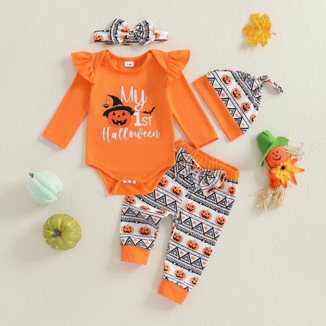 Baby Girl Halloween Outfit 4PCS Romper Pants Hat Headband Set