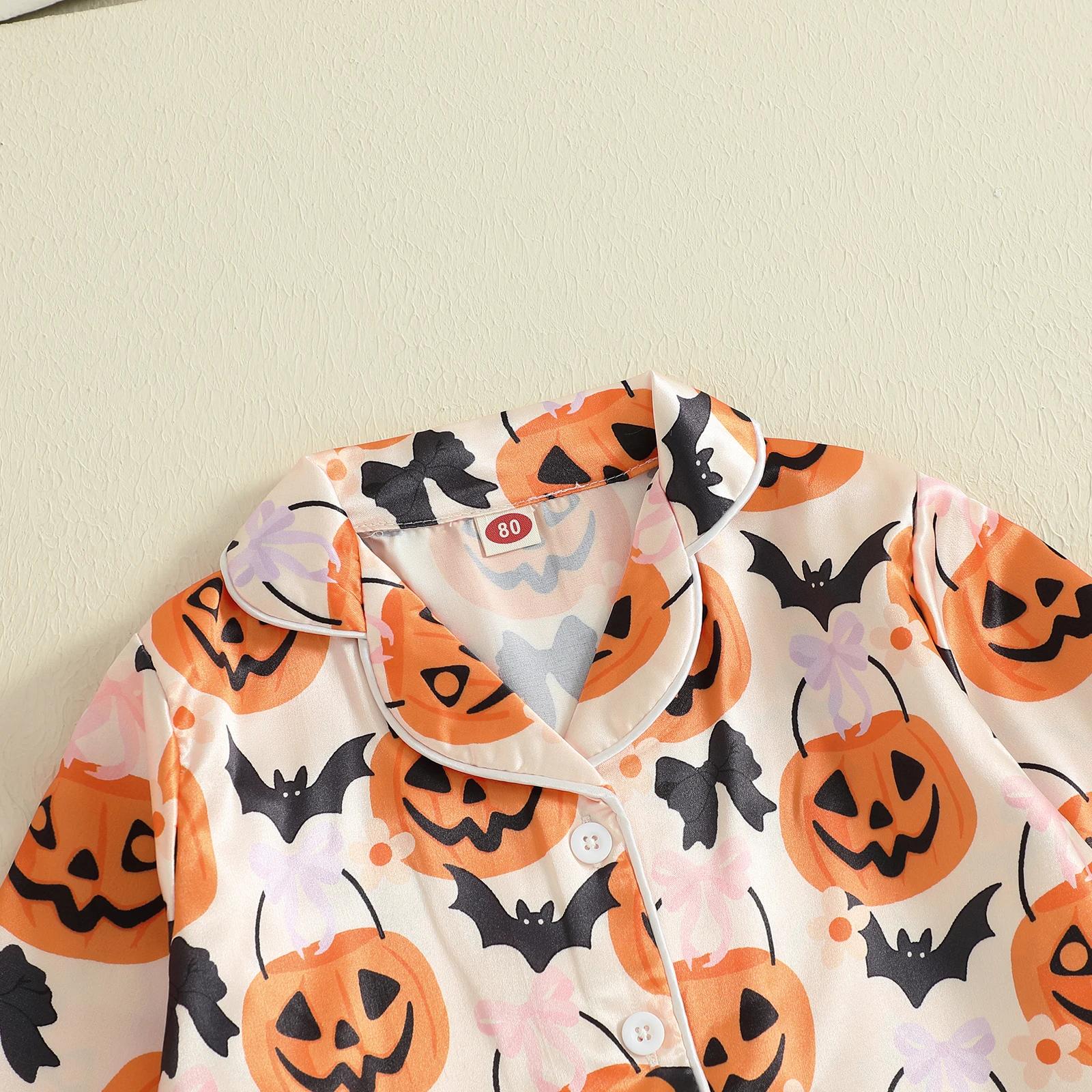 Girls Halloween Pajamas Set Pumpkin Print Feather Cuffs Button Up Shirt and Pants - Image 6