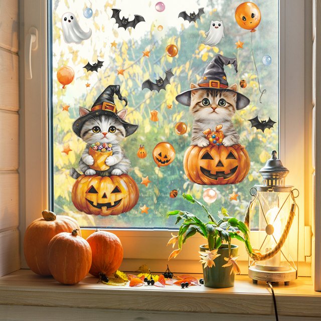 Halloween Cartoon Cat, Pumpkin, and Bat Static Window Stickers