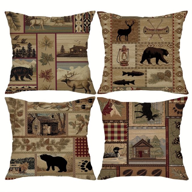 Rustic Bear & Elk Linen Blend Throw Pillow Cover 18x18 with Zip Closure