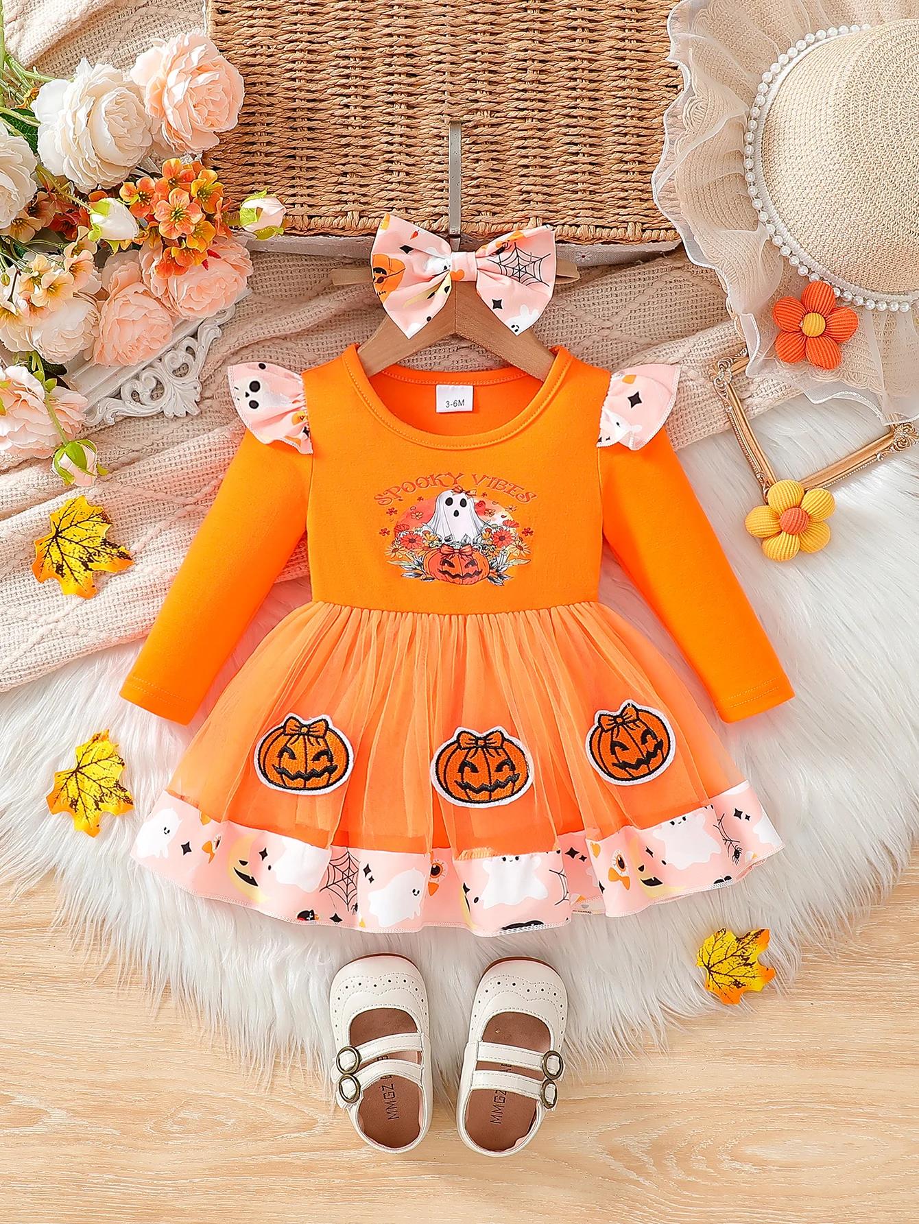 Baby Girl Halloween Pumpkin & Ghost Print Dress with Headband - Image 2