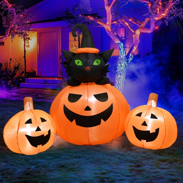 Halloween Inflatable Cat Pumpkin Outdoor Decoration with LED Lights