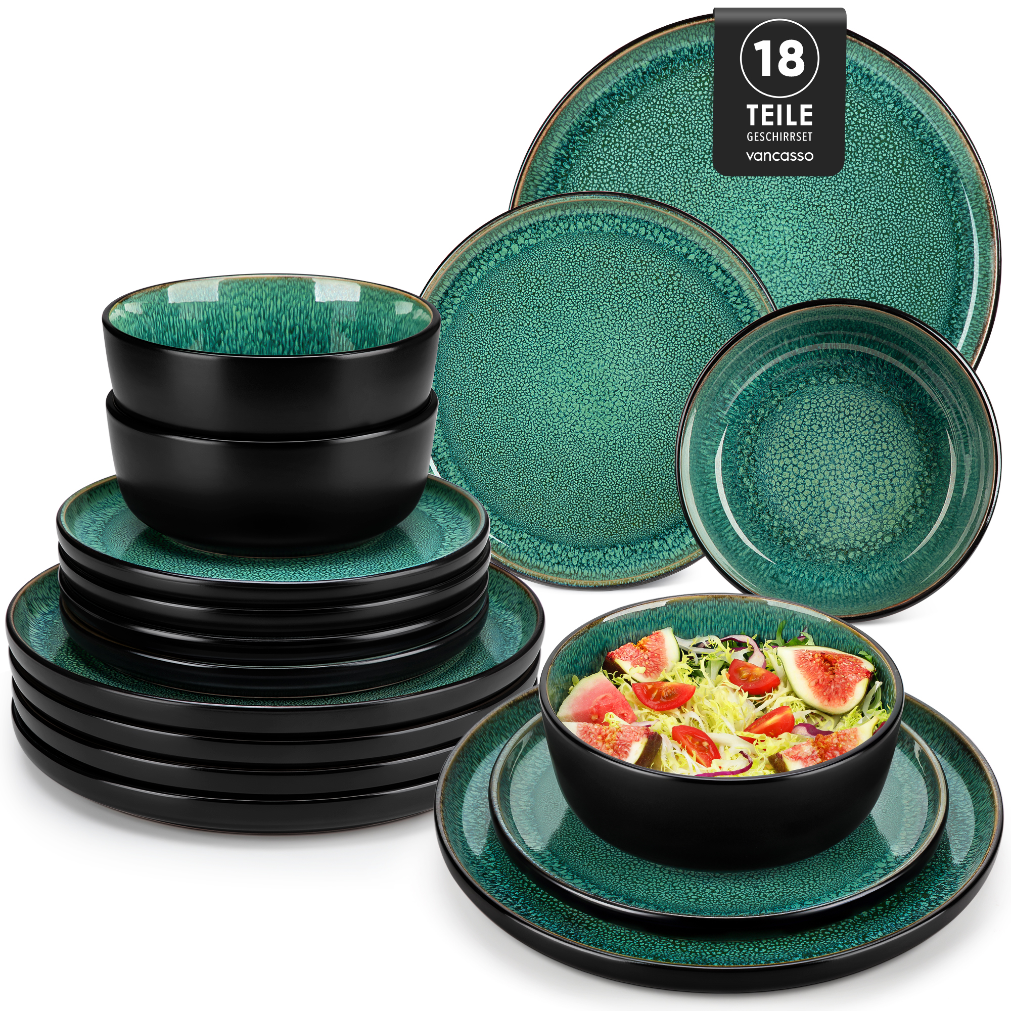 Green Reactive Glaze Dinnerware Set – Oven Safe Stoneware
