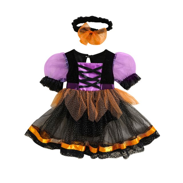 Baby Girl Halloween Puff Sleeve Tulle Romper Dress with Headband