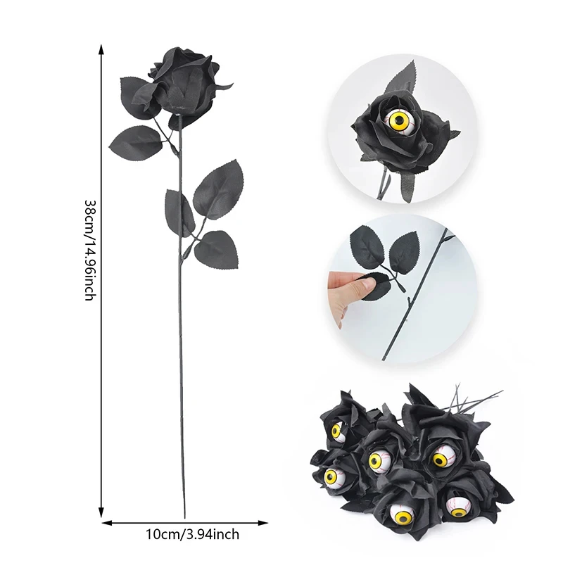 Halloween Black Rose with Eyeball – Scary Silk Flower Decor (5pcs) - Image 6