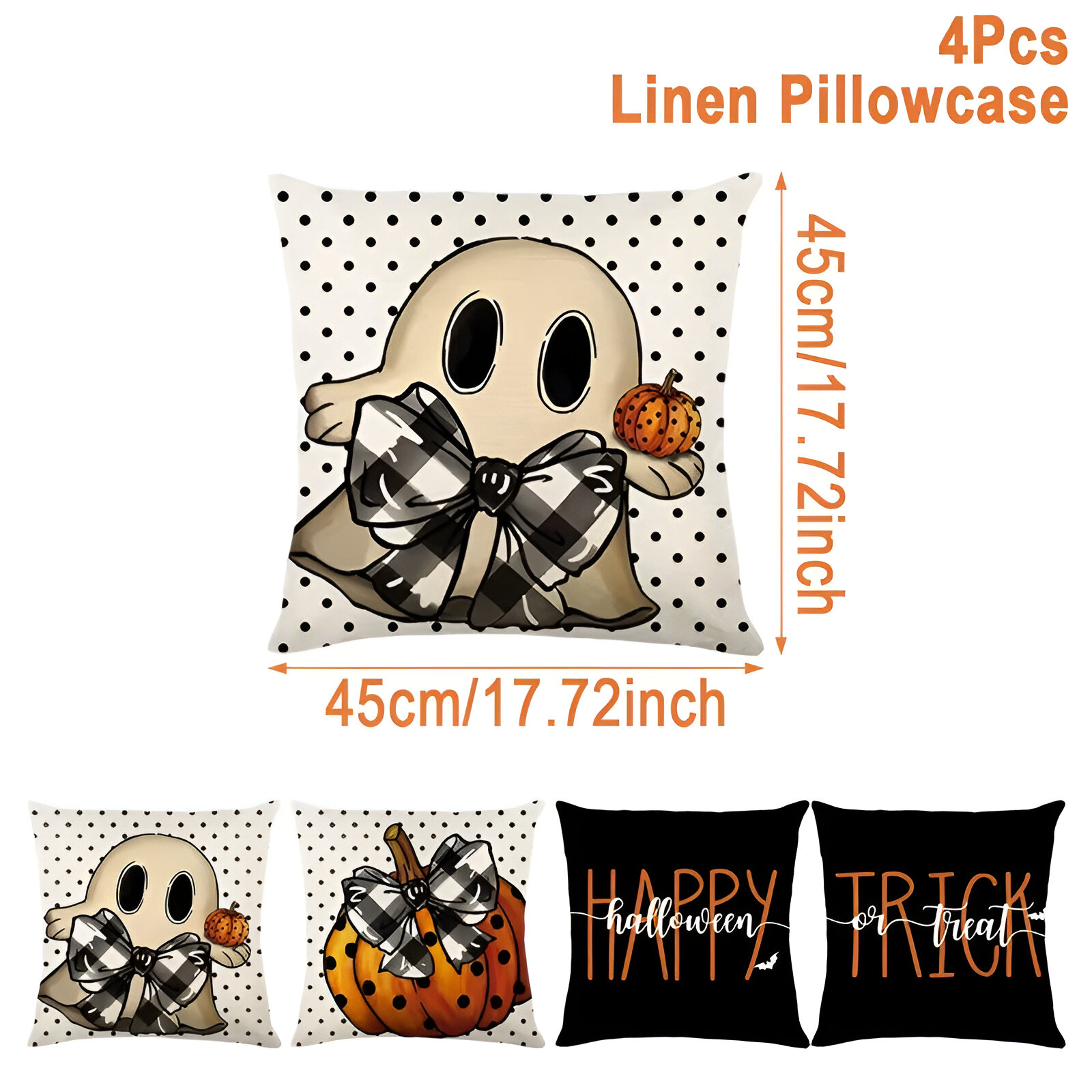 4pcs Halloween Pillow Covers with Ghost, Skeleton & Trick or Treat Designs - Image 5