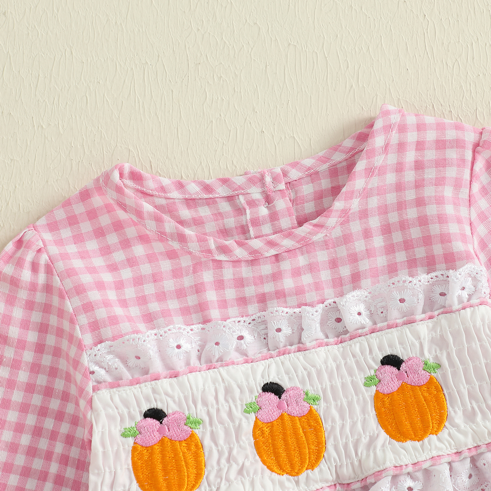Baby Girl Halloween Plaid Romper – Long Sleeve Smocked Bodysuit for Fall - Image 3