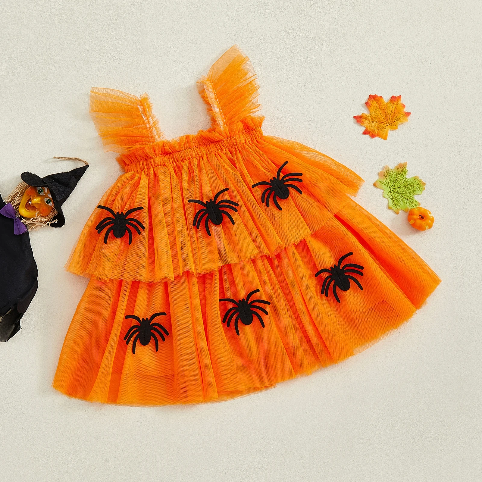 Toddler Baby Girls Halloween Tulle Dress with Pumpkin/Spider Patch - Image 2