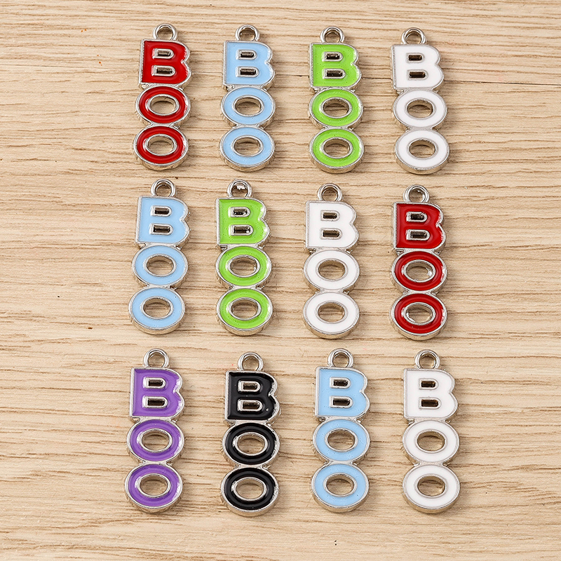10pcs Enamel BOO Letter Charms Pendants for DIY Jewelry Making 8x24mm