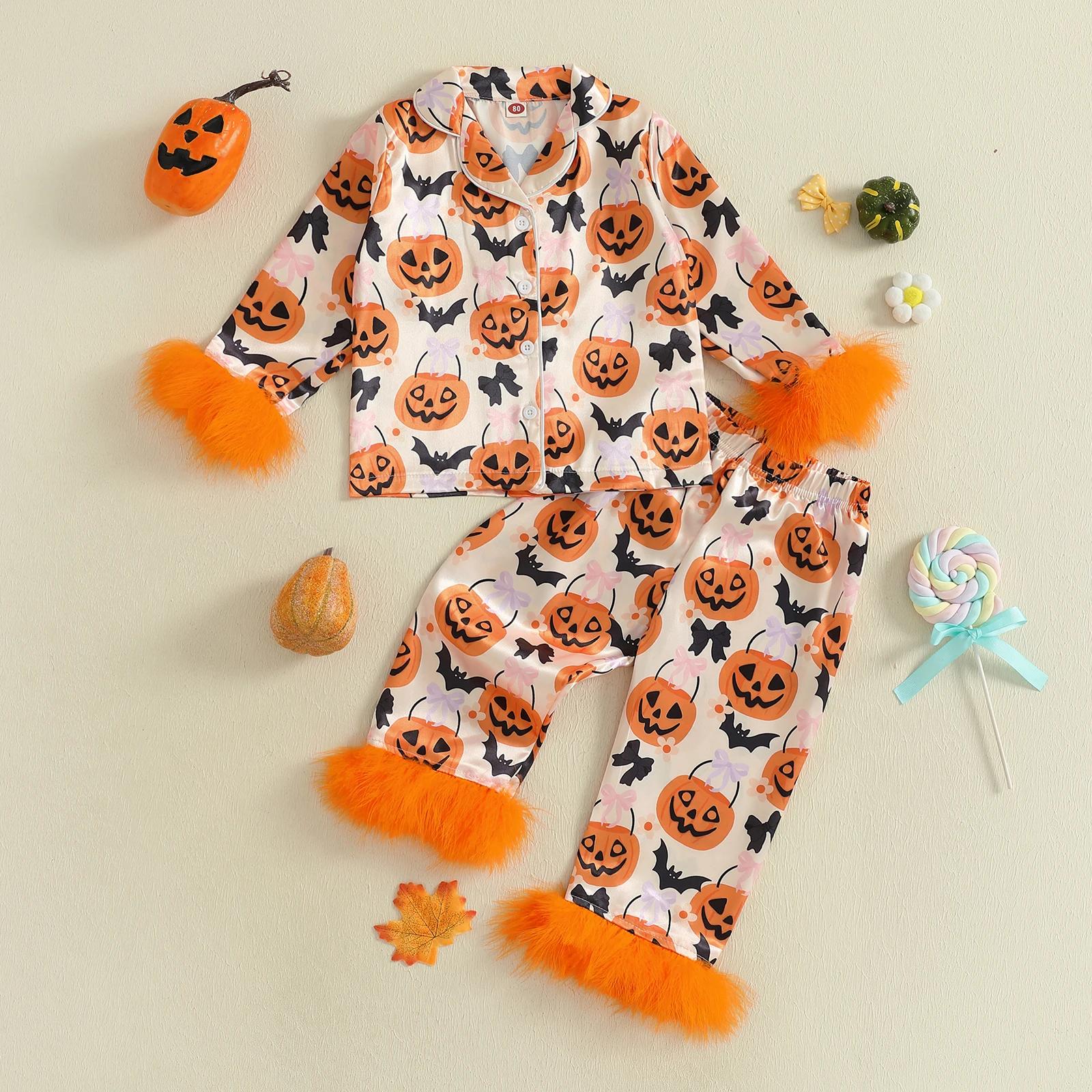 Girls Halloween Pajamas Set Pumpkin Print Feather Cuffs Button Up Shirt and Pants - Image 3