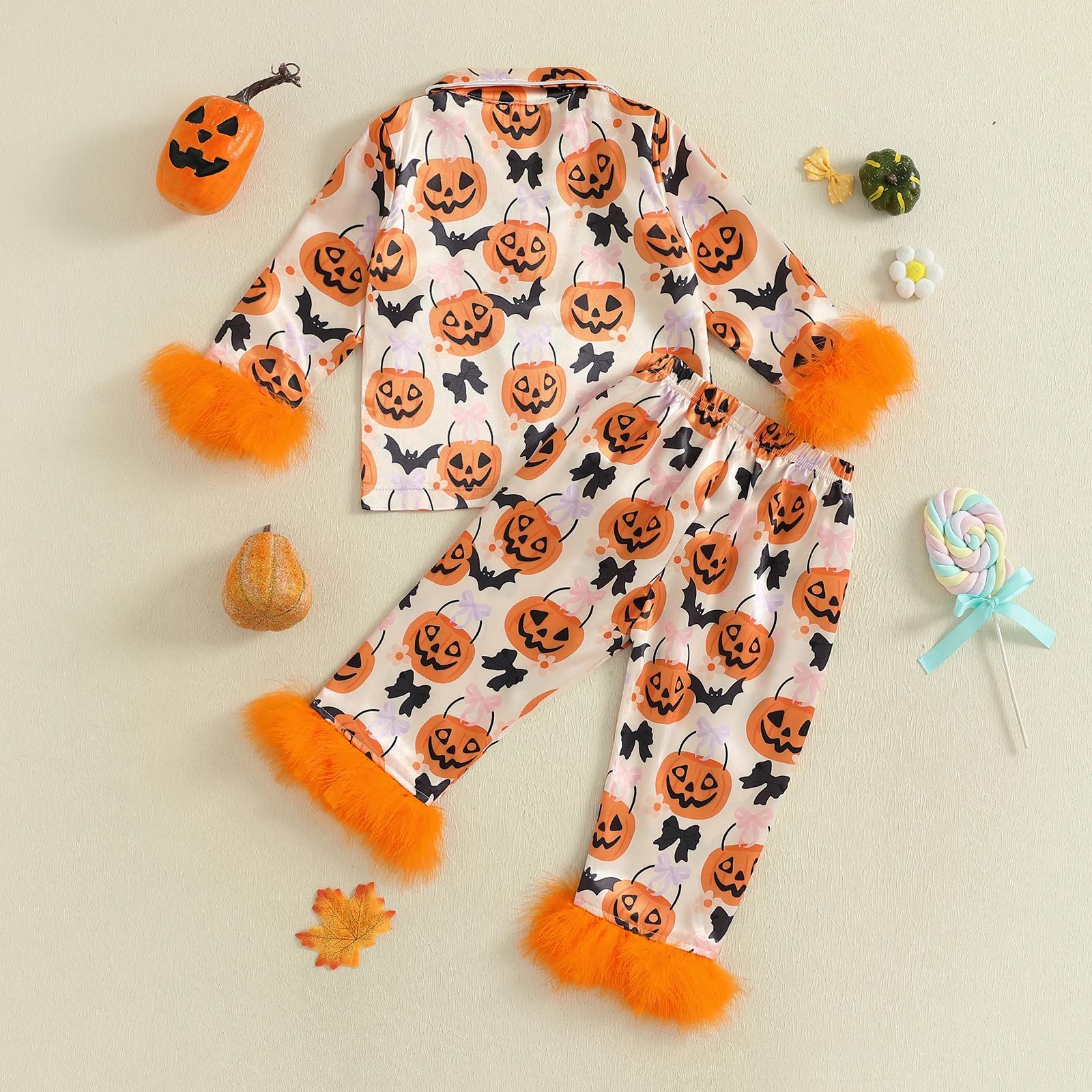 Girls Halloween Pajamas Set Pumpkin Print Feather Cuffs Button Up Shirt and Pants - Image 4