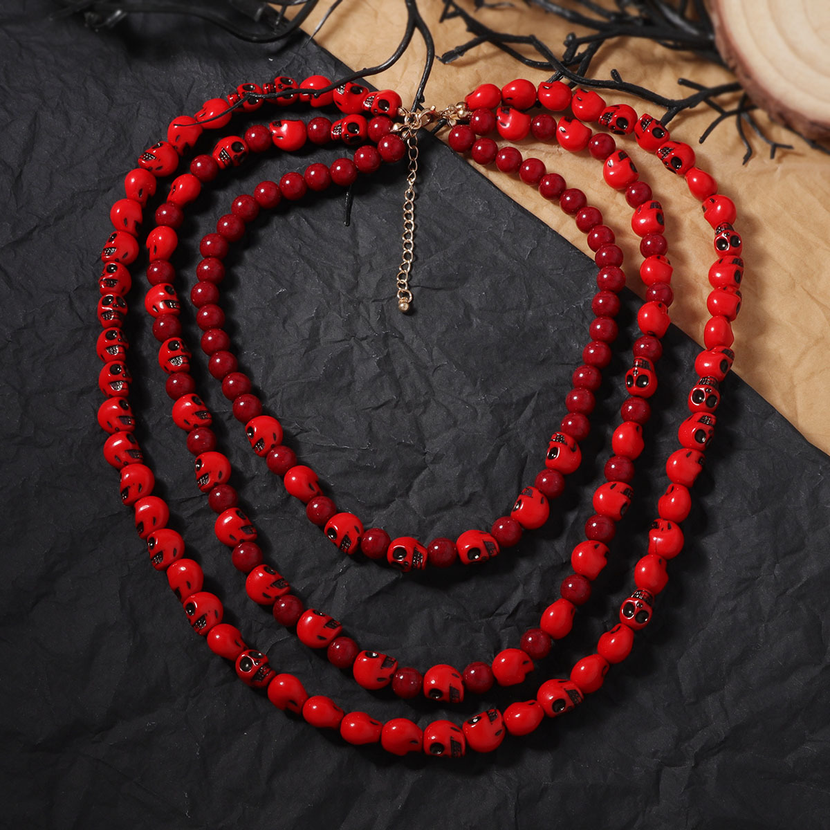 Halloween Gothic Skull Necklace with Red Multi-Layered Design - Image 3