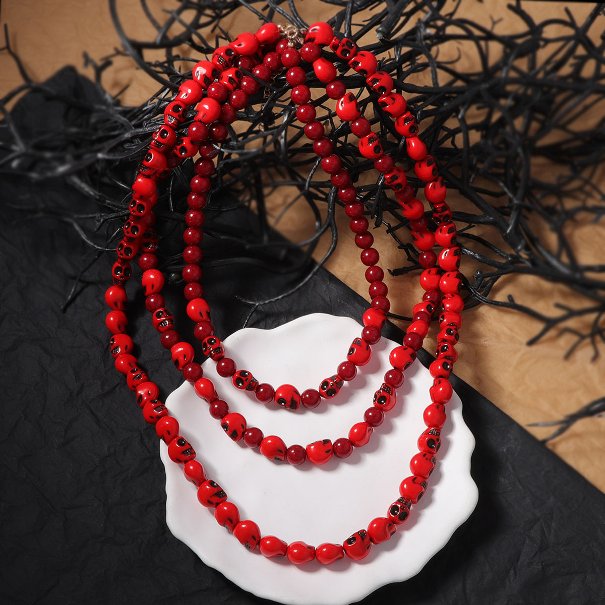 Halloween Gothic Skull Necklace with Red Multi-Layered Design - Image 5
